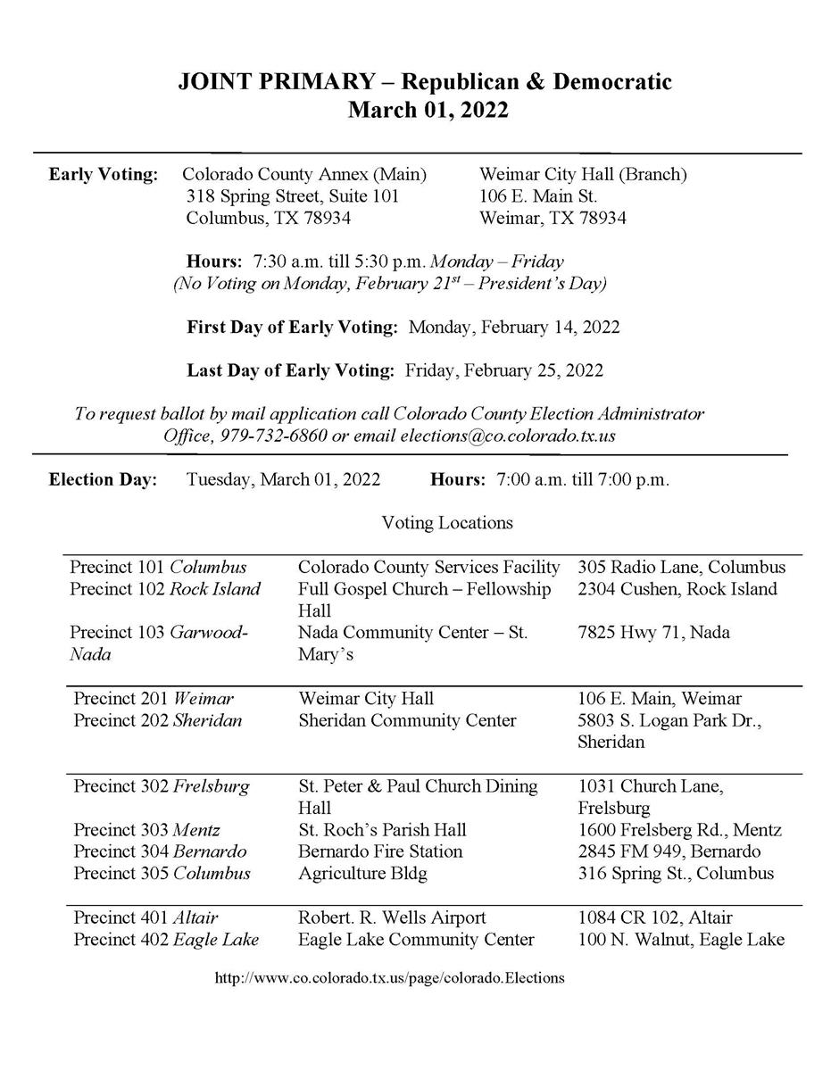 Notice of Election for March 01, 2022 Primary - List of poll locations and times.